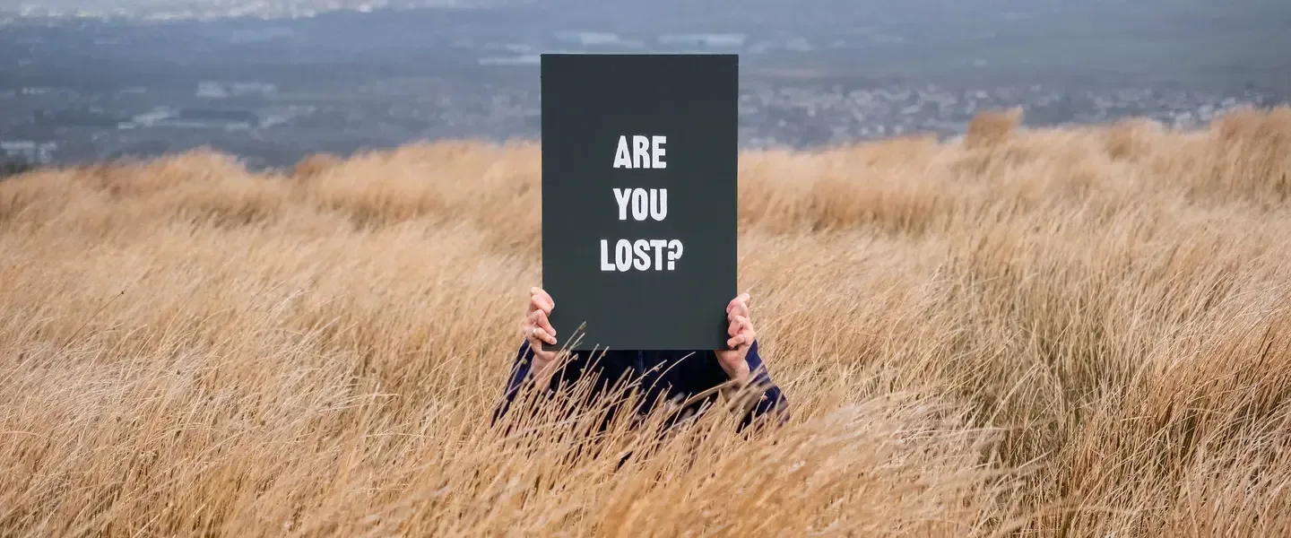 A person stands in a field of tall, dry grass holding a black sign with white text that reads 'ARE YOU LOST?' The background is blurred, showing a distant landscape and sky