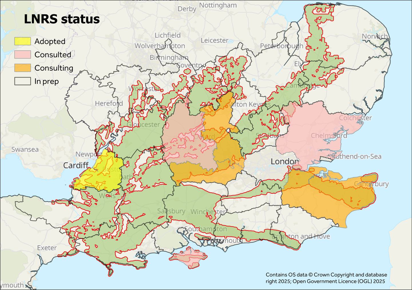 A showing the current status of the 27 LNRSs across Big Chalk.