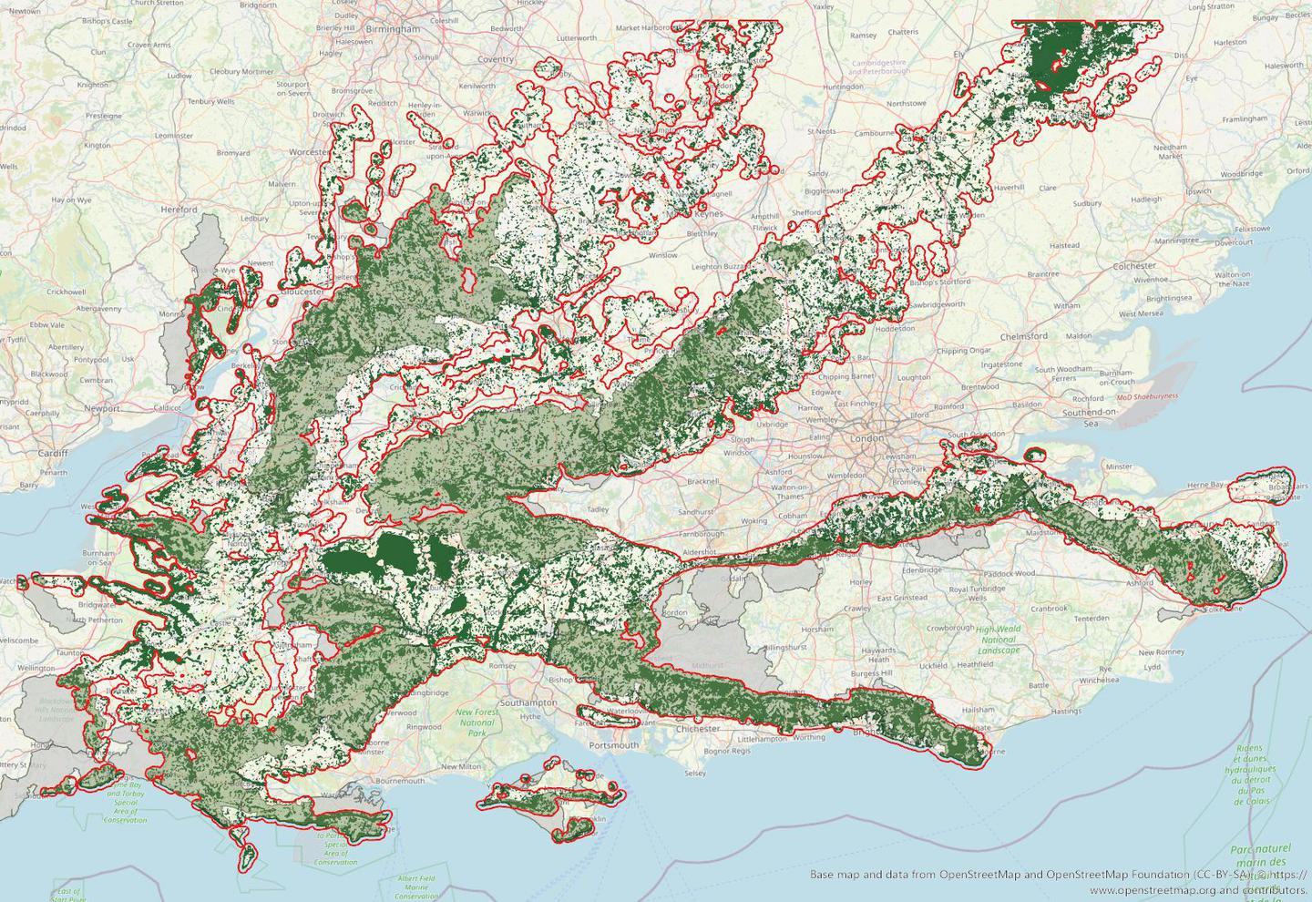 The map shows the Big Chalk area, outlined in red, covering 19% of England. It spans 14 Protected Landscapes, highlighted in dark green, which make up a third of the Big Chalk region. These landscapes represent key areas of natural beauty and conservation within the broader chalk ecosystem. The map visually demonstrates the significant geographical and ecological reach of the Big Chalk initiative.