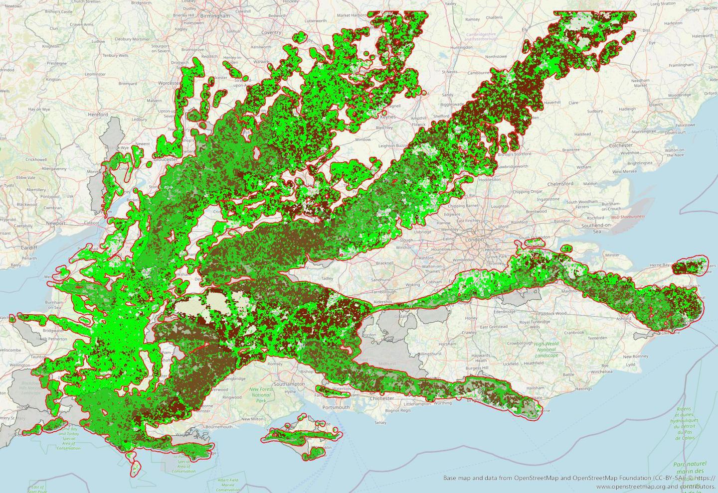 The map shows Big Chalk as a farmed landscape, with 14% of the area marked in blue as the best quality land and 11% in brown representing the lowest quality land.