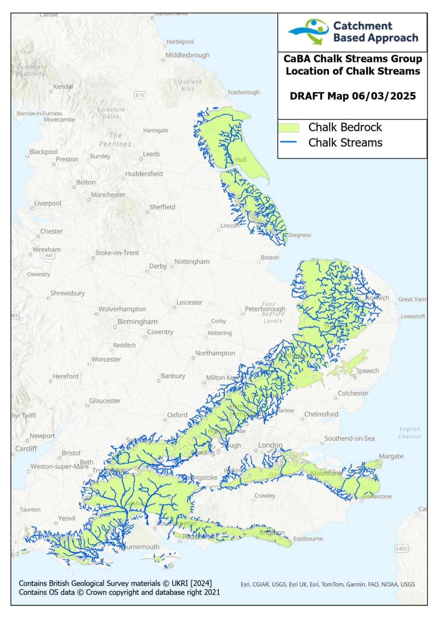 Map showing where the chalks streams are in England